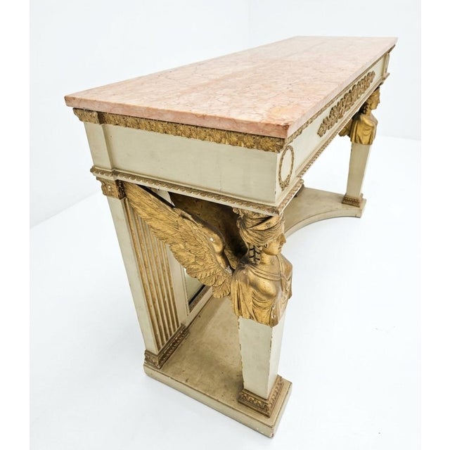 Late 18th Century Italian Neo-Classical Patinated Wood, Giltwood, and Sienna and Breccia Pernice Marble Console Table With Caryatids Legs For Sale - Image 4 of 5