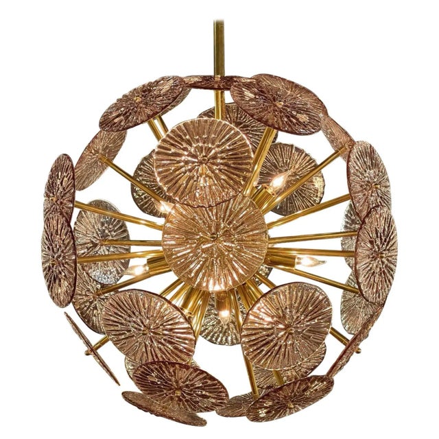Brass Pink Murano Glass & Brass Disc Form Sputnik Sphere Chandelier For Sale - Image 8 of 8