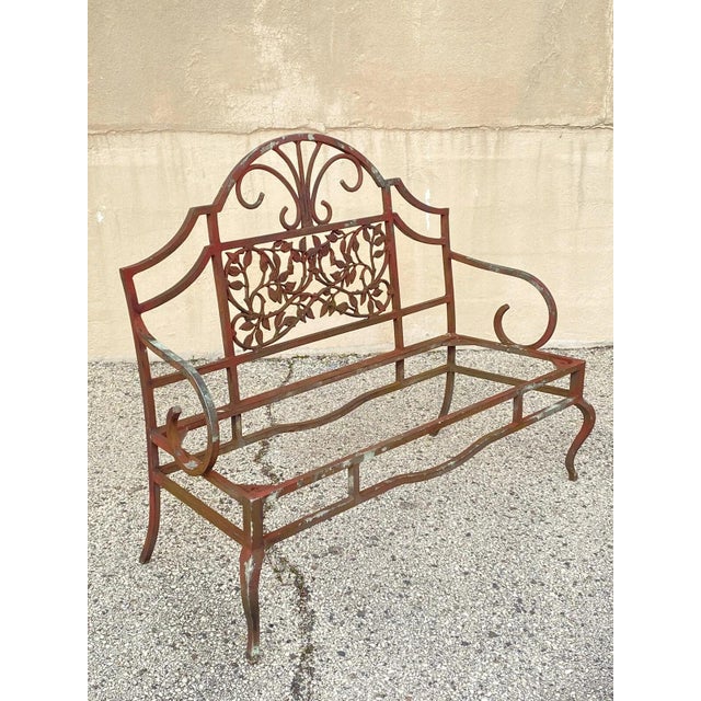 Vintage French Art Nouveau Style Leafy Vine Cast Aluminum Garden Patio Bench. Circa Late 20th Century. Measurements: 41" H...