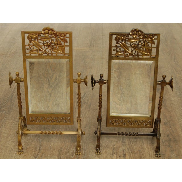 Victorian Aesthetic Movement Antique 1880's Victorian Brass Cheval Beveled Vanity Mirrors - a Pair For Sale - Image 3 of 13