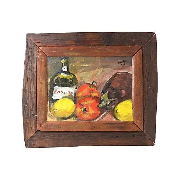 Wood Mid 20th Century Fruit & Bottle Still Life Acrylic Painting, Framed For Sale - Image 7 of 7
