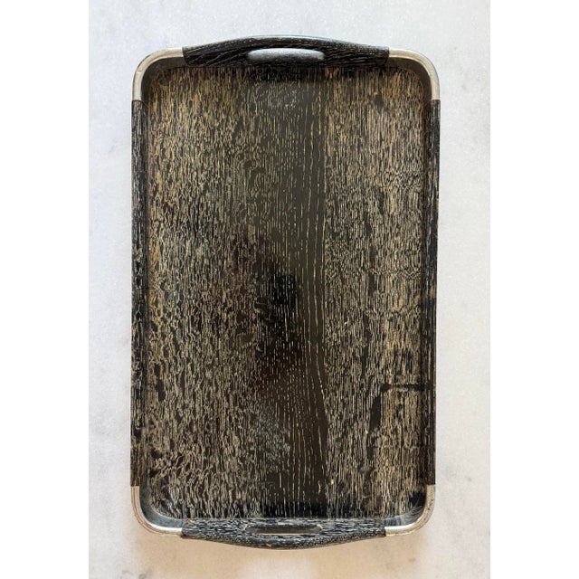 Vintage mid century wood tray with black finish and metal corners made in Japan by Nasco.