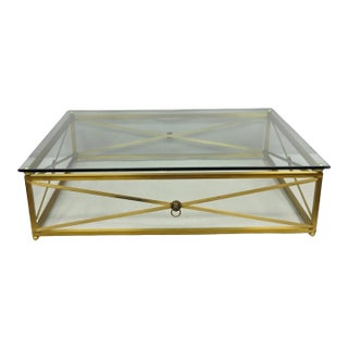 Large Regency Style Burnished Brass Rectangular Glass Top Coffee Table W/ Lions For Sale