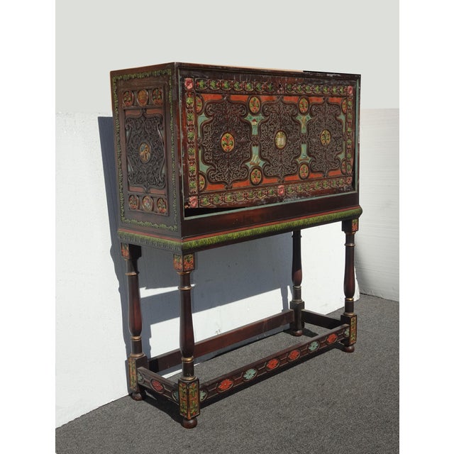 Spanish Antique Spanish Style Carved Vargueno Bargueno Drop Front Secretary Desk Cabinet For Sale - Image 3 of 18