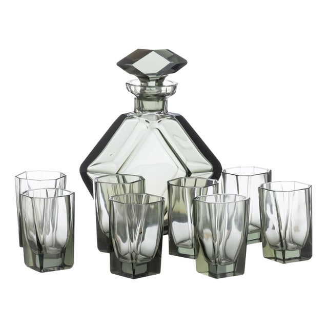 Art Deco Glass and Crystal Bottle and Glasses by Rudolf Eschler for Moser, Set of 9 For Sale