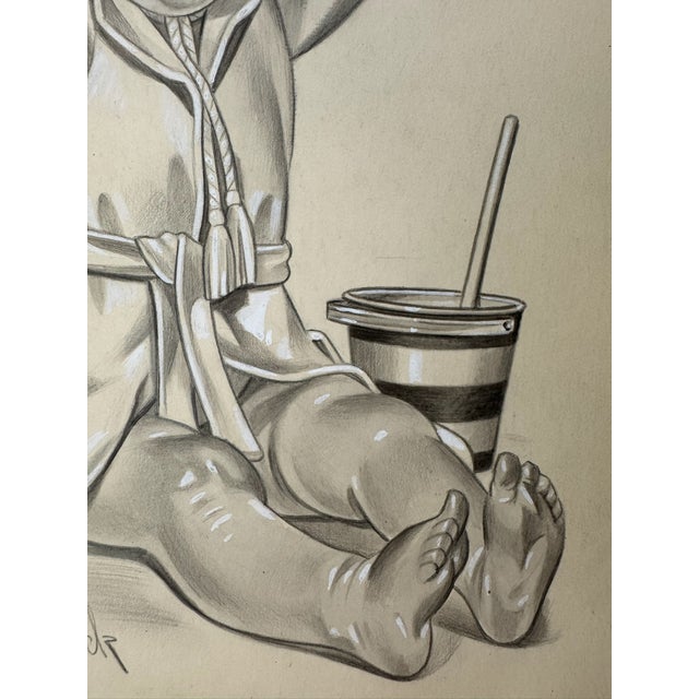 American 1940s Original Signed Graphite Illustration of Yawning Toddler With Cup, 11 × 9 In. For Sale - Image 3 of 6