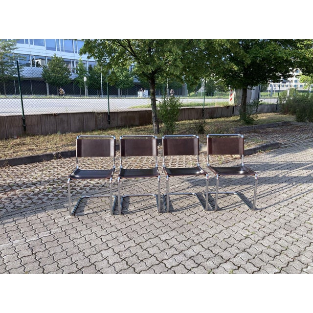 Mid-Century Modern Vintage Cognac Brown S33 Chairs by Mart Stam for Thonet, 2010, Set of 4 For Sale - Image 3 of 18