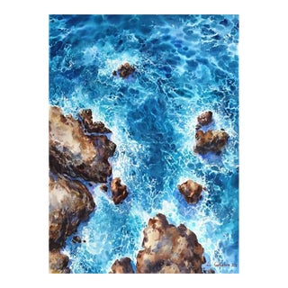 Ocean View - Original Neutral Blue Coastal Landscape Watercolor Painting on Paper For Sale