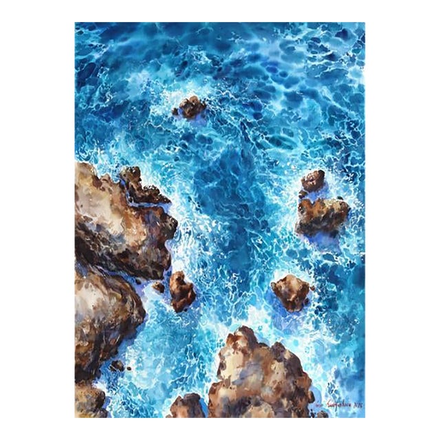Ocean View - Original Neutral Blue Coastal Landscape Watercolor Painting on Paper For Sale