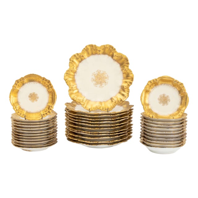 Limoges Gilt Decorated Porcelain Tableware, 35 Pieces For Sale