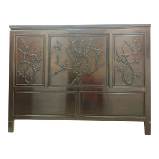1990s Dark Cherry Elmwood Flower and Bird Queen Size Oriental Headboard and Frame For Sale