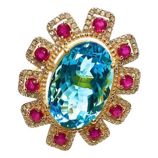 Bochic "Orient" Natural African Ruby, Blue Topaz & Diamond Ring Set 18K Gold & Silver For Sale