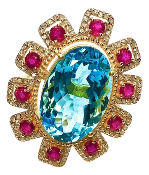 Bochic "Orient" Natural African Ruby, Blue Topaz & Diamond Ring Set 18K Gold & Silver