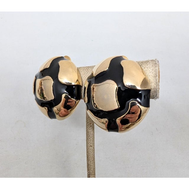 Modern Vintage Signed Valentino Modernist Round Domed Goldtone Black Enamel Clip Earrings-2 Pieces For Sale - Image 3 of 7