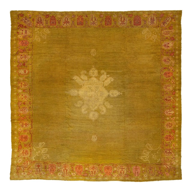 Goldenrod Turkish Oushak Antique Square Wool Rug Featuring a Center Design For Sale