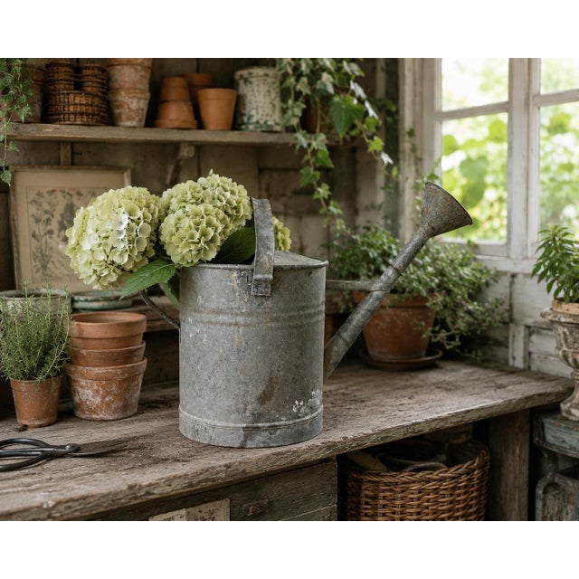 A beautifully weathered galvanized steel watering can dating to the 1940s, featuring a copper spout, and wonderfully aged...