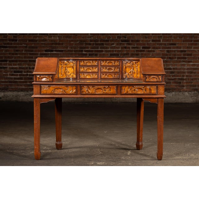 Chinese Antique Hand-Carved Chinese Scholar's Writing Desk and Chair Set For Sale - Image 3 of 18