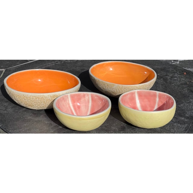 Set of Four Melon & Citrus Majolica Style Trompe L’Oleil Bowls For Sale In Seattle - Image 6 of 11