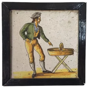 Framed Antique 18th Century French Polychrome Tin Glaze Faience Delft Tile Market Seller
