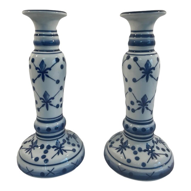 1990s French Style Blue and White Ceramic Candlestick Holders - a Pair For Sale