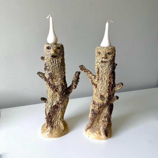 Late 20th Century Tree Face Figurative Pottery Folk Art Candleholders: A Pair For Sale - Image 9 of 9