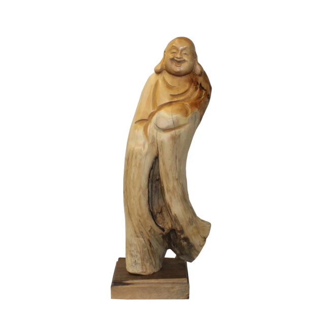 Wood Chinese Cypress Wood Carved Irregular Shape Happy Buddha Statue For Sale - Image 7 of 7