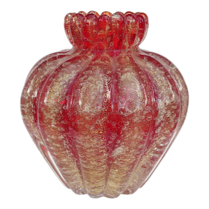 Murano Seguso Vetri d'Arte Pulegoso Red Gold Flecks Vintage Italian Art Glass Ribbed Flower Bud Vase