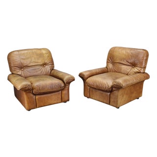 Cognac Buffalo Leather Lounge Armchairs from Arcon Italia, 1970s, Set of 2 For Sale