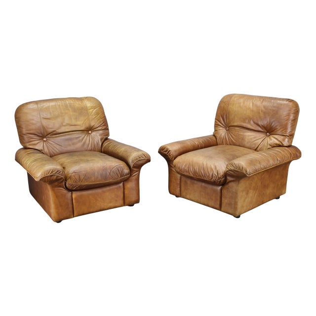 Cognac Buffalo Leather Lounge Armchairs from Arcon Italia, 1970s, Set of 2 For Sale