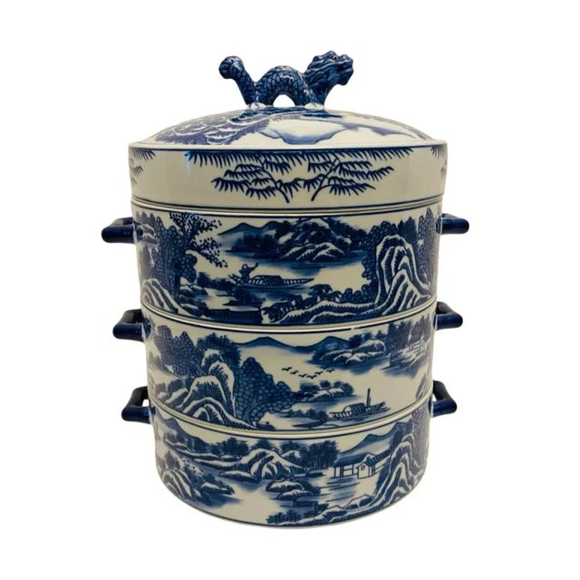 Chinese Late 20th Century Bombay Blue Willow Porcelain Lunch Box Chinese Dragon 4 Piece Stacking Dish For Sale - Image 3 of 8