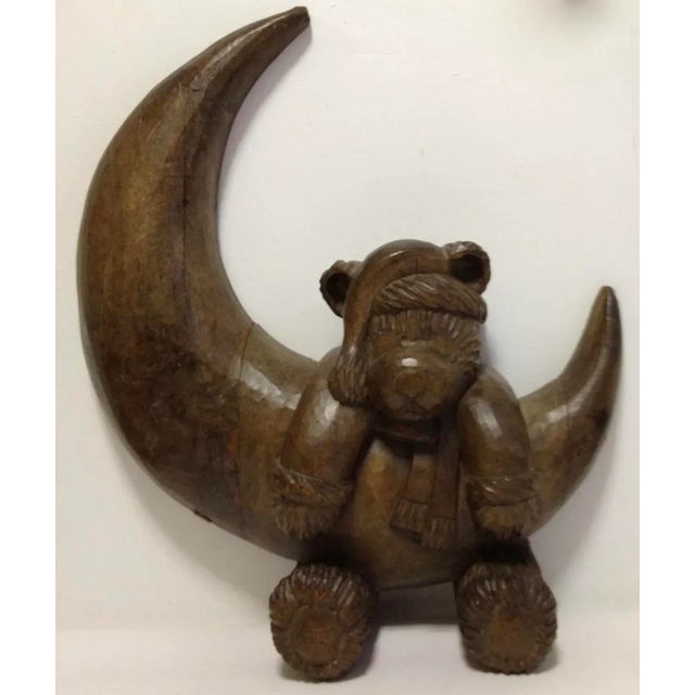 Hand carved wood Santa Bear in Moon. Made of wood. Very good and excellent condition.