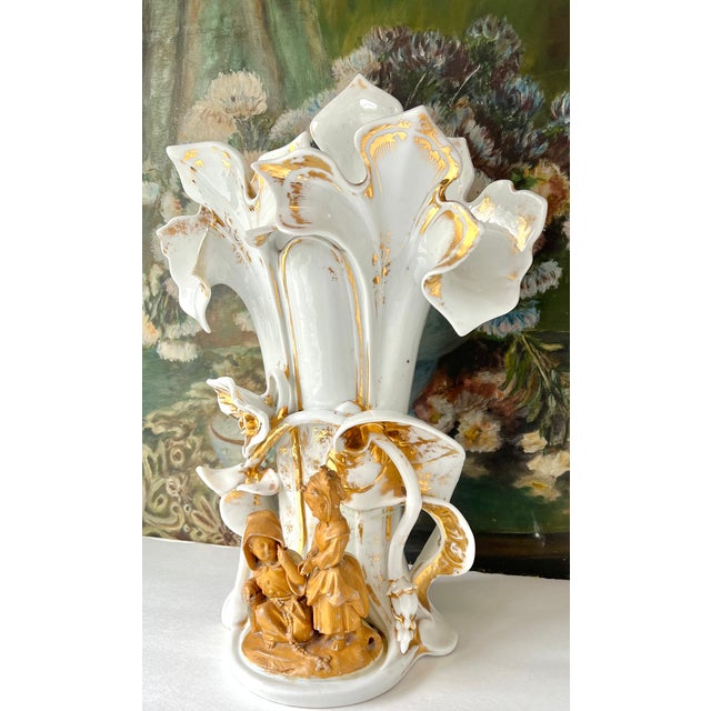 White Huge Old Paris Antique Porcelain Figural Spill Vase For Sale - Image 8 of 13