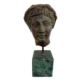 Classical Brass Verdigris Mythological Male Bust Sculpture on Marble Base For Sale