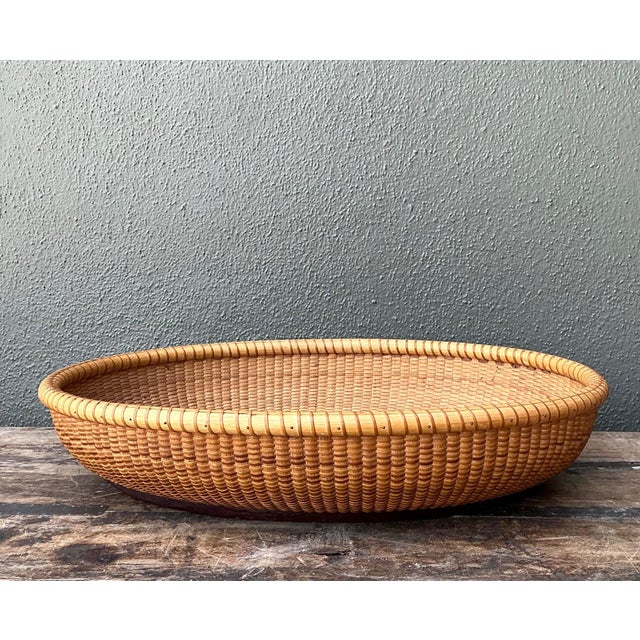 Vintage Rattan Woven Nantucket Basket With Wood Base For Sale - Image 4 of 12
