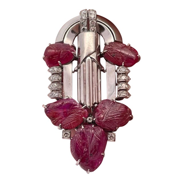 1930s Art Deco Carved Ruby & Diamond Brooch For Sale
