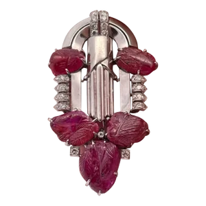 1930s Art Deco Carved Ruby & Diamond Brooch