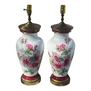 1920s Hand-Painted Table Lamps Milk Glass With Azalea Decoration - Pair For Sale