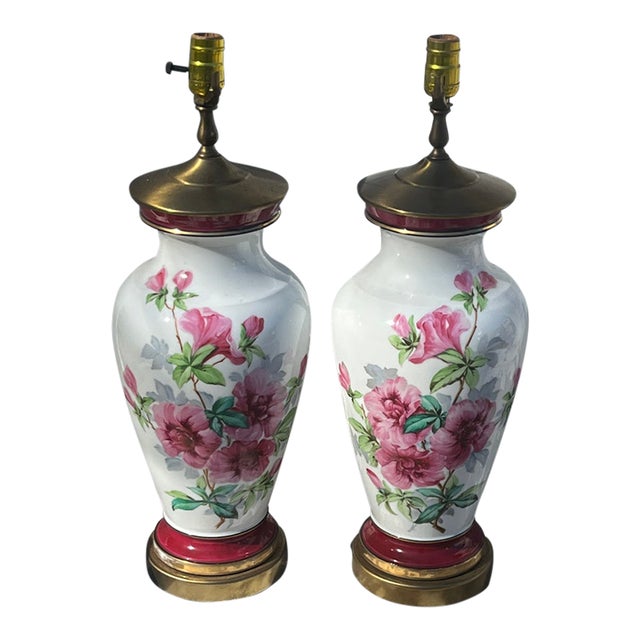 1920s Hand-Painted Table Lamps Milk Glass With Azalea Decoration - Pair For Sale