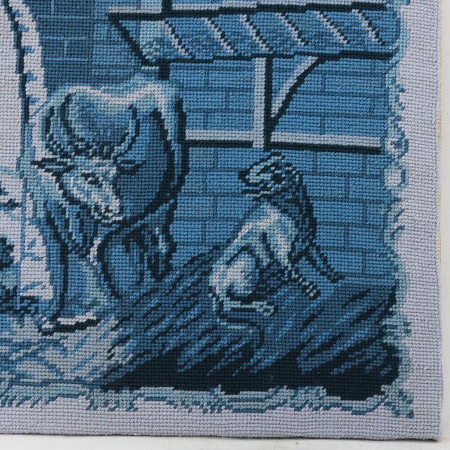 Vintage Hand Stitched Blue and White Needlework Pastoral Farm Scene With Cow and Dog Textile Wall Art For Sale - Image 4 of 8