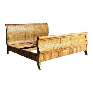 Vintage Boho Woven Rattan California King Sleigh Bed For Sale