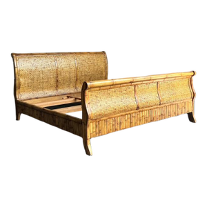 Vintage Boho Woven Rattan California King Sleigh Bed