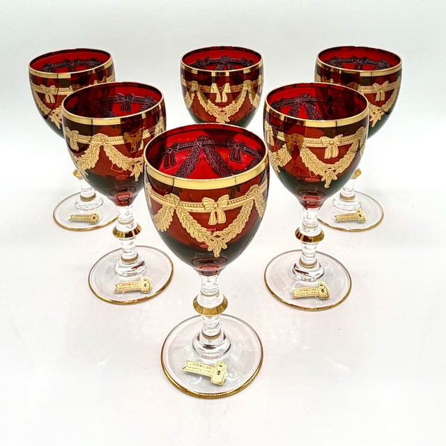 Vintage Italian Ruby Red Crystal Wine Goblets with 24k Gold Neoclassical Garlands by Interglass, 1980s, Set of 6 For Sale - Image 9 of 18