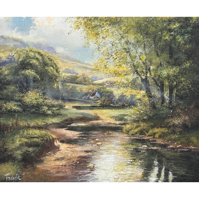 Textile Remote Cottage in a Tree Lined River Landscape in Ireland by Modern Irish Artist 1985 Circa For Sale - Image 7 of 10