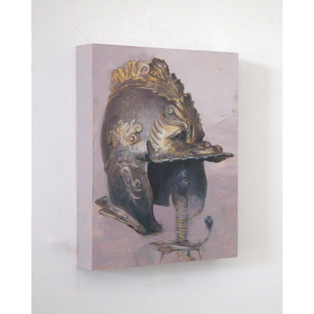 Figurative Looking Forward to the Battle by Elena Burykina | Oil on panel Helmet with ornate design For Sale - Image 3 of 5