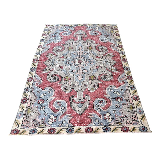 Vintage Red and Dark Gray Faded Wool Rug For Sale