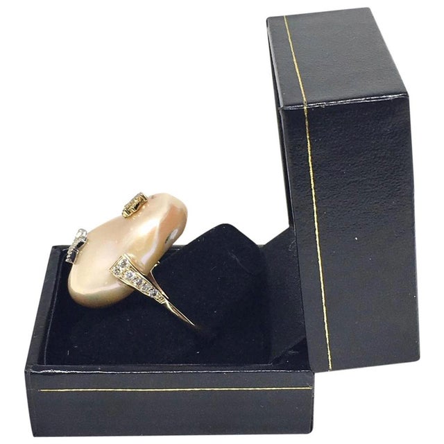 Baroque Diamond Freshwater Pearl Ring 14Karat Gold Baroque Women 33.45 mm Certified For Sale - Image 3 of 9