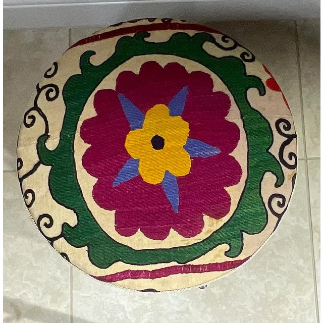 Elegant stool made wood, originally was Yamaha drum ,upholstered with beautiful antique hand embroidery Suzani textile,...