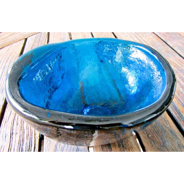 Glass Italian Mid-Century Blue Glass Free Form Bowl 1950s Attributed to Murano For Sale - Image 7 of 11