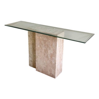 A Pink Fossil Stone Console Table With Glass Top by Magnussen, Circa 1980 For Sale
