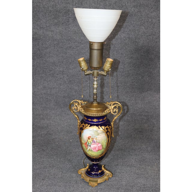 Ceramic Antique Turn of the Century Blue Sevres Vase Table Lamps - Pair For Sale - Image 7 of 12